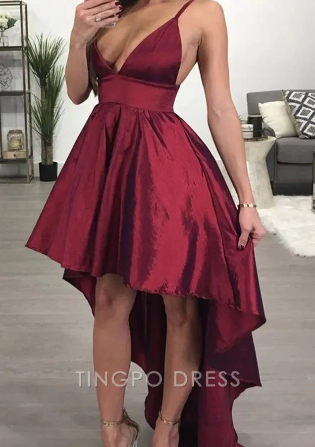 TingPo Wholesale Elegant A-line V Neck Sleeveless Taffeta Asymmetrical Homecoming Dress